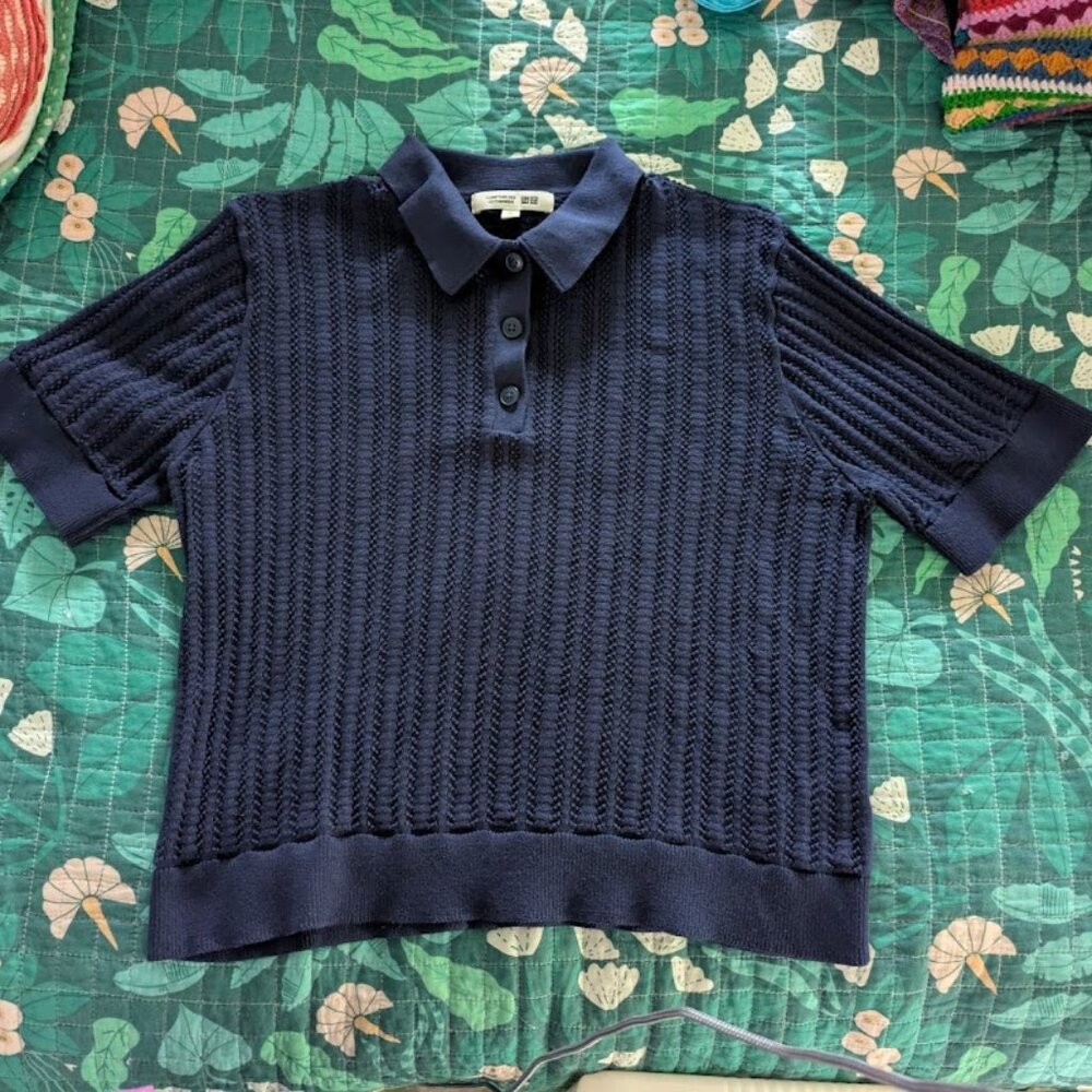 UNIQLO Women Sz XL  Sweater Pointelle Polo Short Sleeve Blue Cotton Comptoir